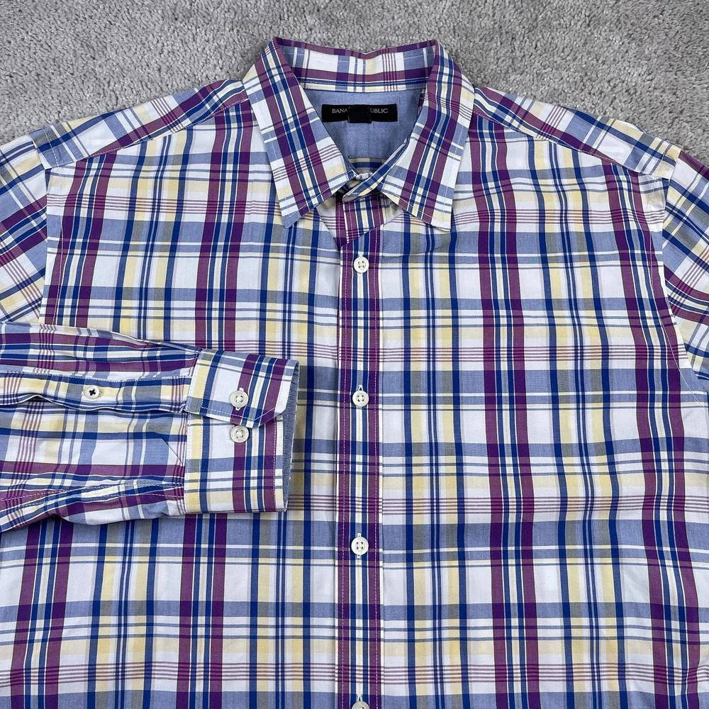 Banana Republic Shirt Mens Large Purple Plaid Soft‎ Wash Button Up Business